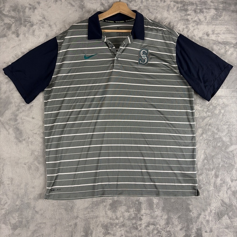 Nike BSBL Seattle Mariners Gray Navy Blue Dri-Fit Golf Polo Striped Size XL